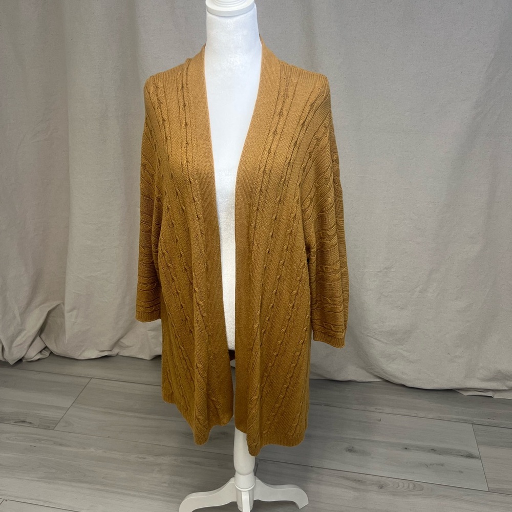 J. Jill‎ Cable Knit Duster Cardigan Camel LP Long Open Front Cozy Quiet Luxury